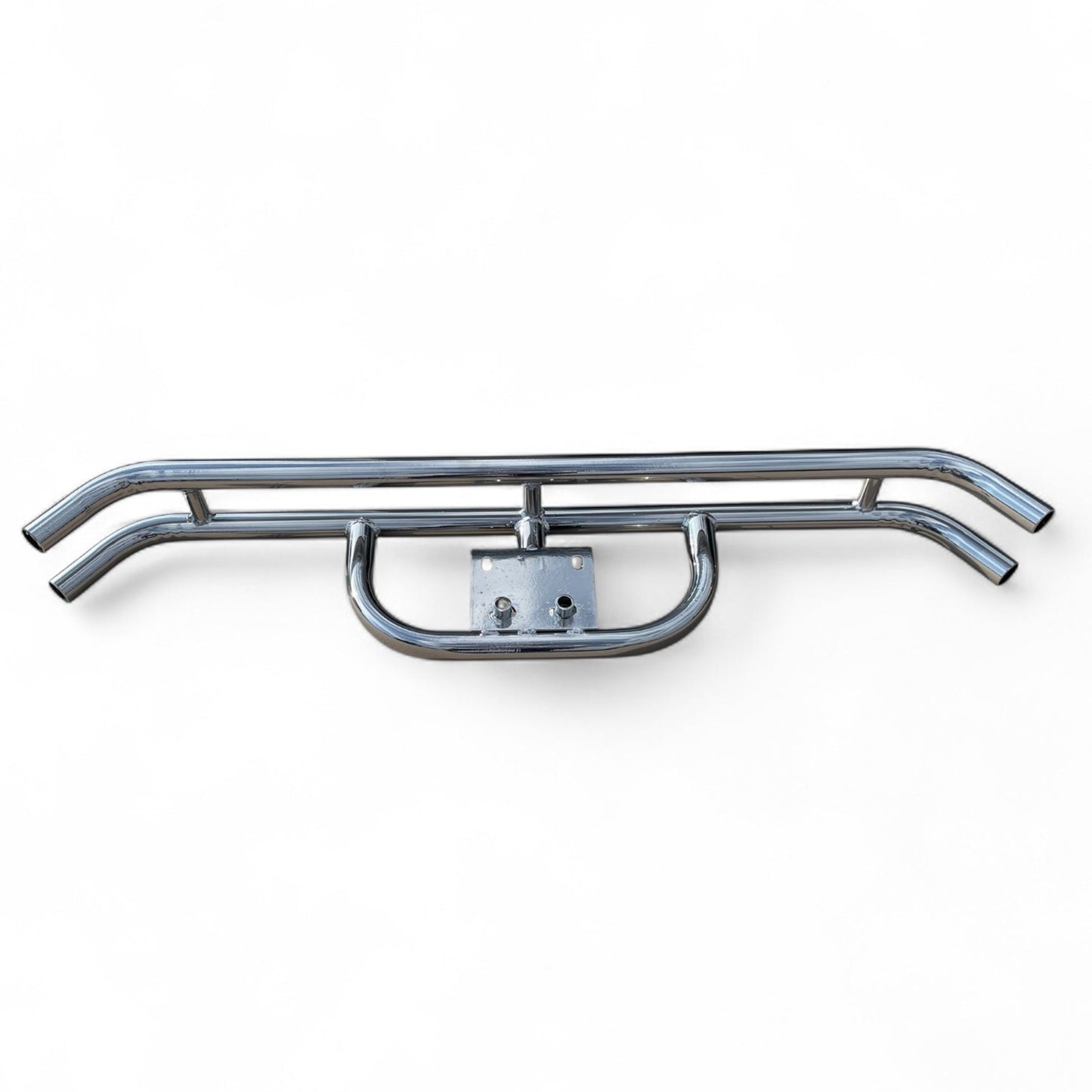 Powder coated chrome EZGO golf car rear bumper on a white background