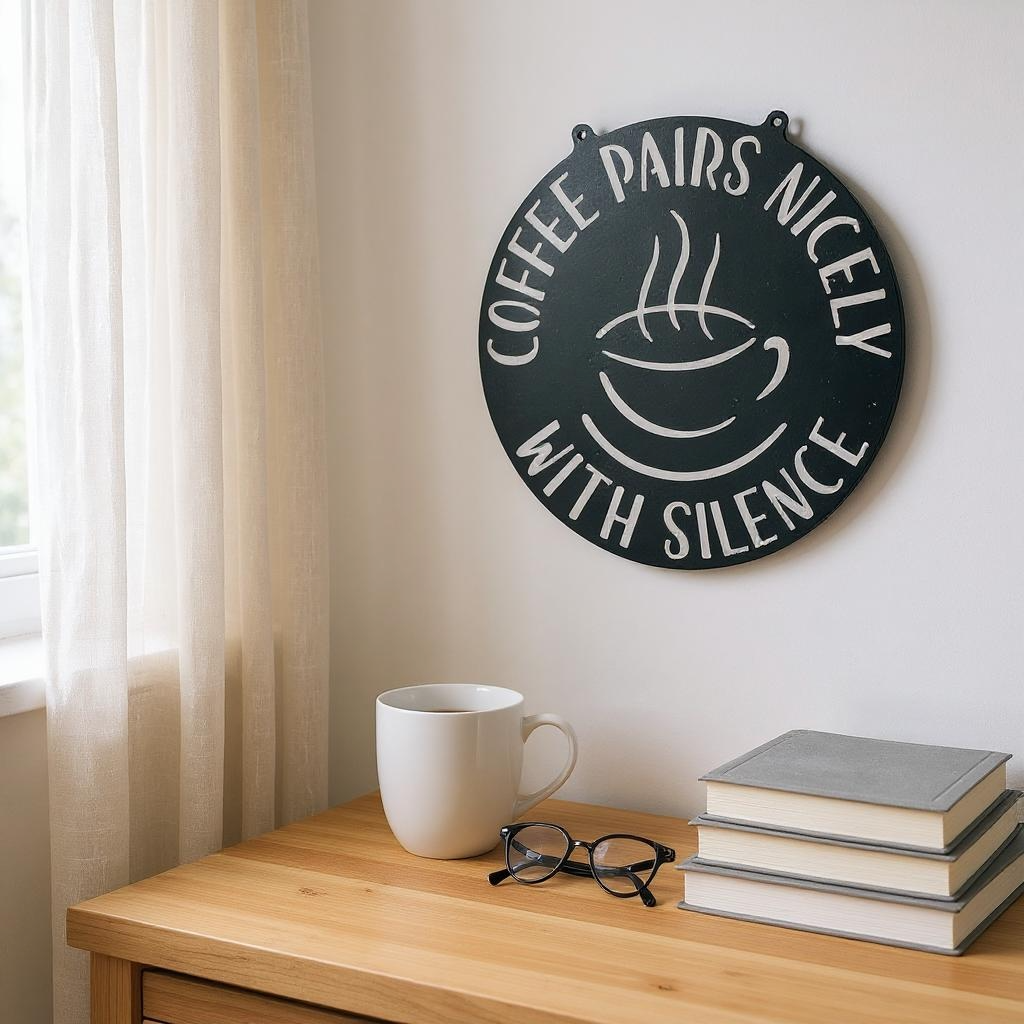 Decorative wall sign with coffee-themed text on a wooden table with a cup, books, and glasses.