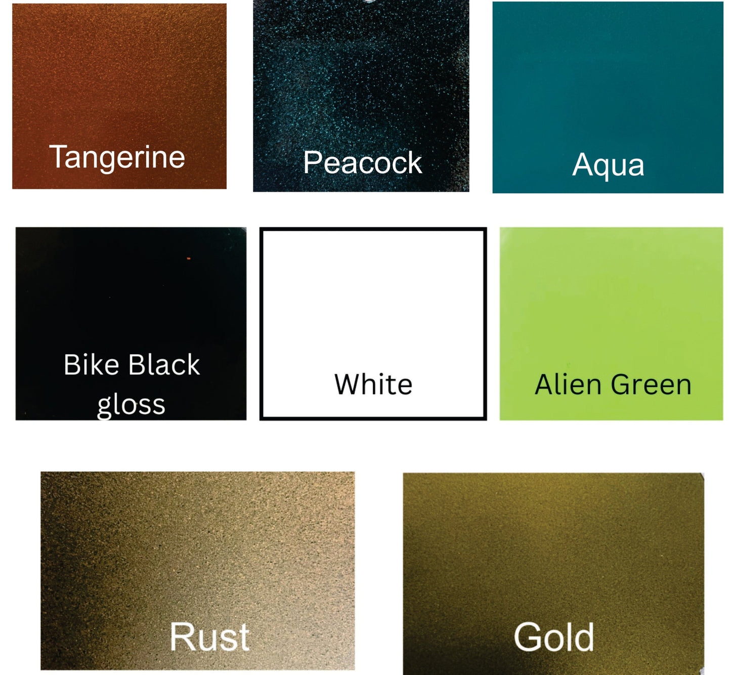 Color swatches labeled with names such as Tangerine, Peacock, Aqua, Bike Black gloss, White, Alien Green, Rust, and Gold.