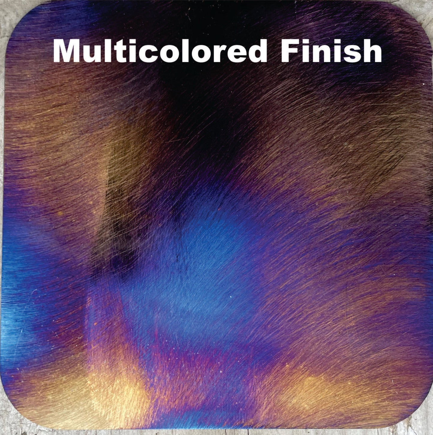 Multicolored finish with blue, purple, and gold hues on a textured surface.