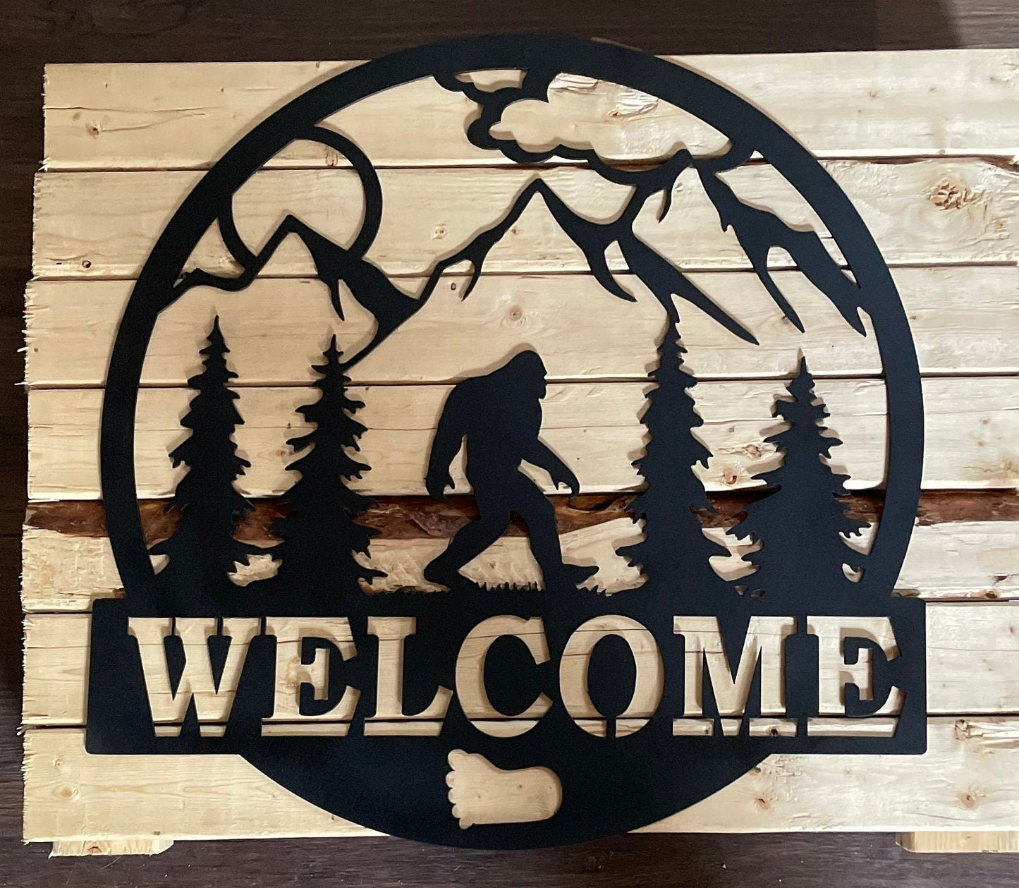 Bigfoot Welcome Sign - Mountain Scene, Trees, Paw Print Wall Art