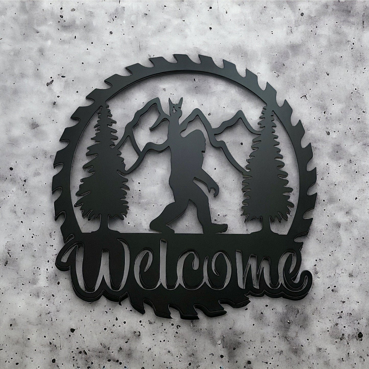 Sasquatch Welcome Wall Art with Saw Blade Motif, Add Personalization