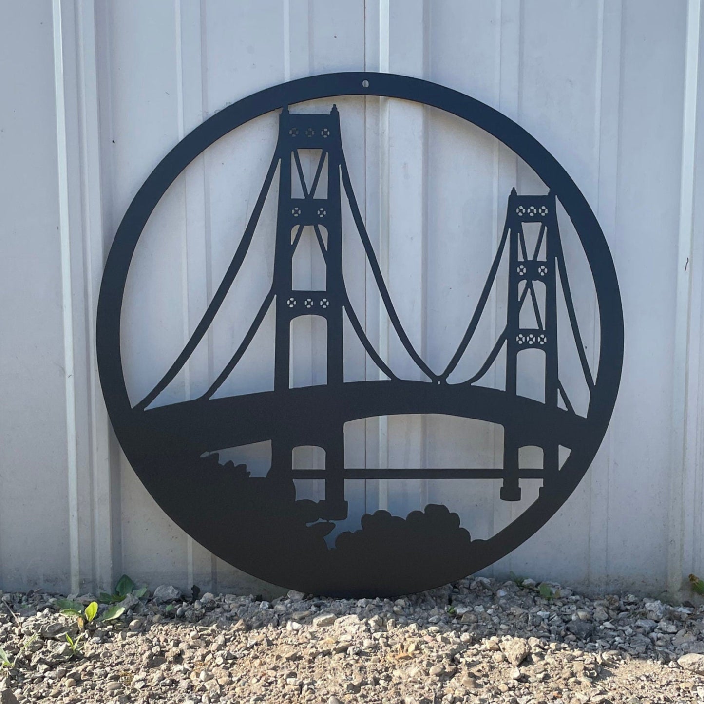 Mackinac Bridge within a circle metal band black
