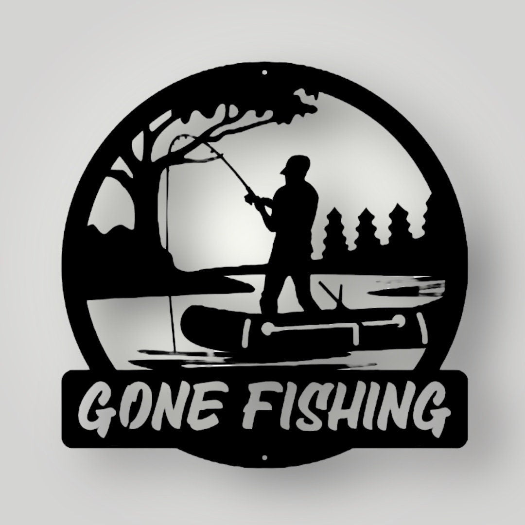 Gone Fishing with Fisherman Metal Wall Sign - Personalize
