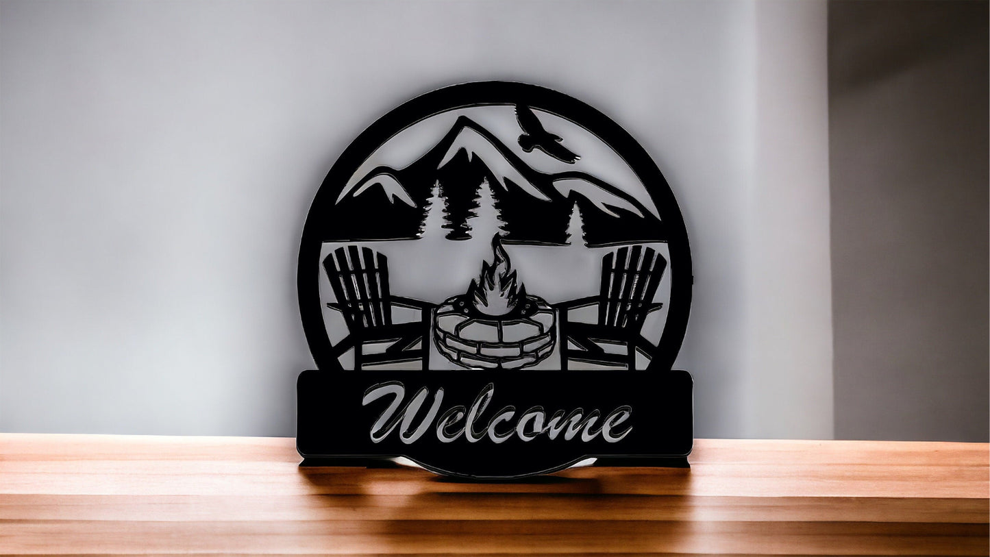 Adirondack chairs and camp fire metal wall art