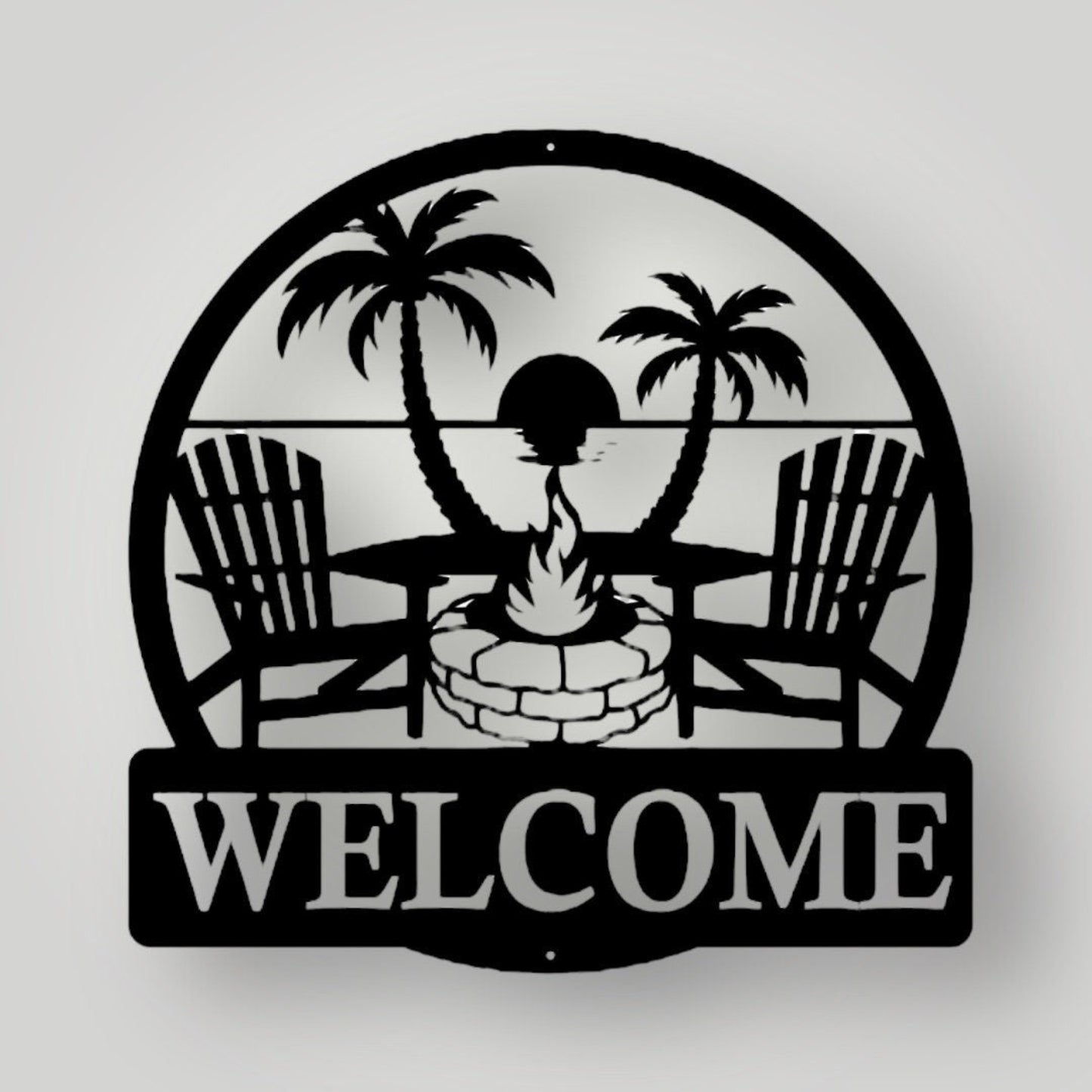 Palm tree, camp fire, Adirondack chairs metal wall art lake scene