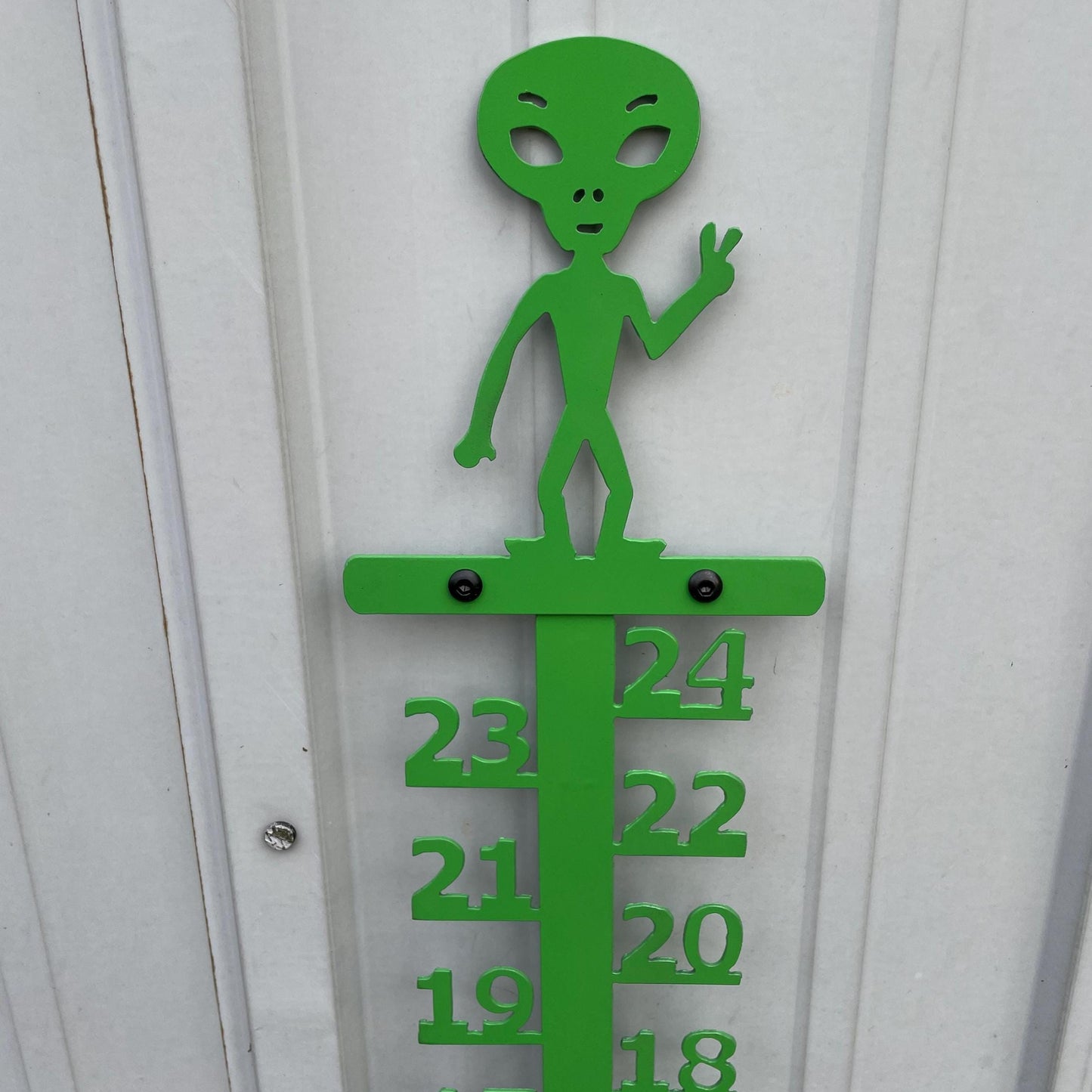 Extraterrestrial themed snow measuring stick