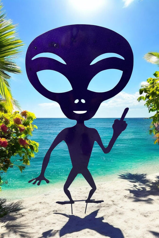 Purple alien holding up a middle finger- metal