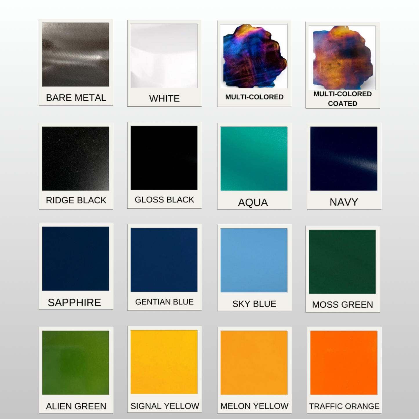Color swatches including Bare Metal, White, Multi-Colored Coated, and various other colors on a gray background.