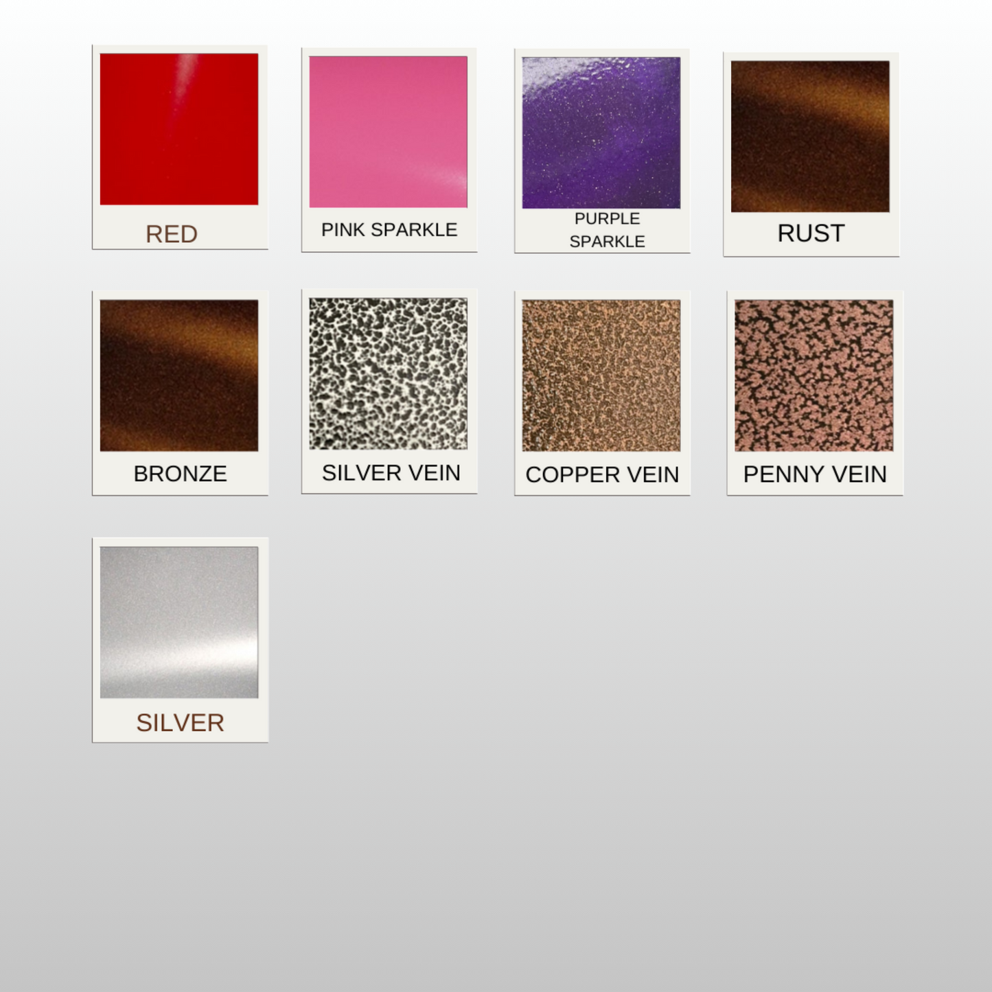 Color swatches labeled with names like Red, Pink Sparkle, Purple Sparkle, Rust, Bronze, Silver Vein, Copper Vein, Penny Vein, and Silver on a light gray background.