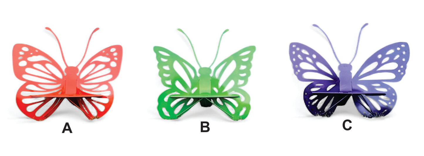 Three colorful butterfly-shaped objects labeled A, B, and C on a white background.
