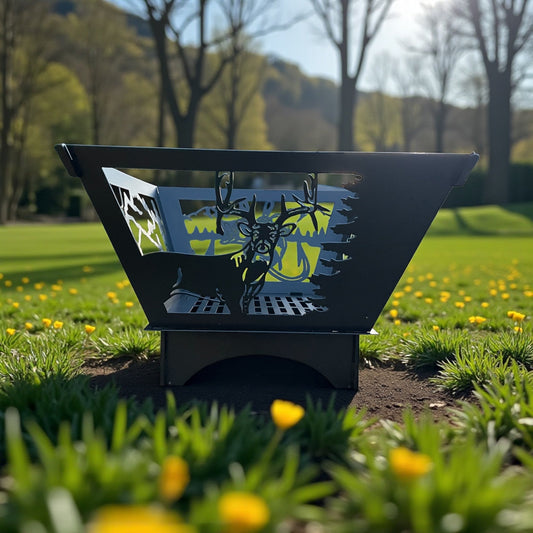 Metal fire pit with deer design in a grassy area with yellow flowers