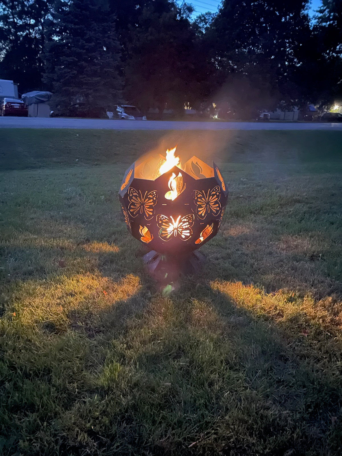 18" Point Top Metal Firepit Sphere with Multiple Themes