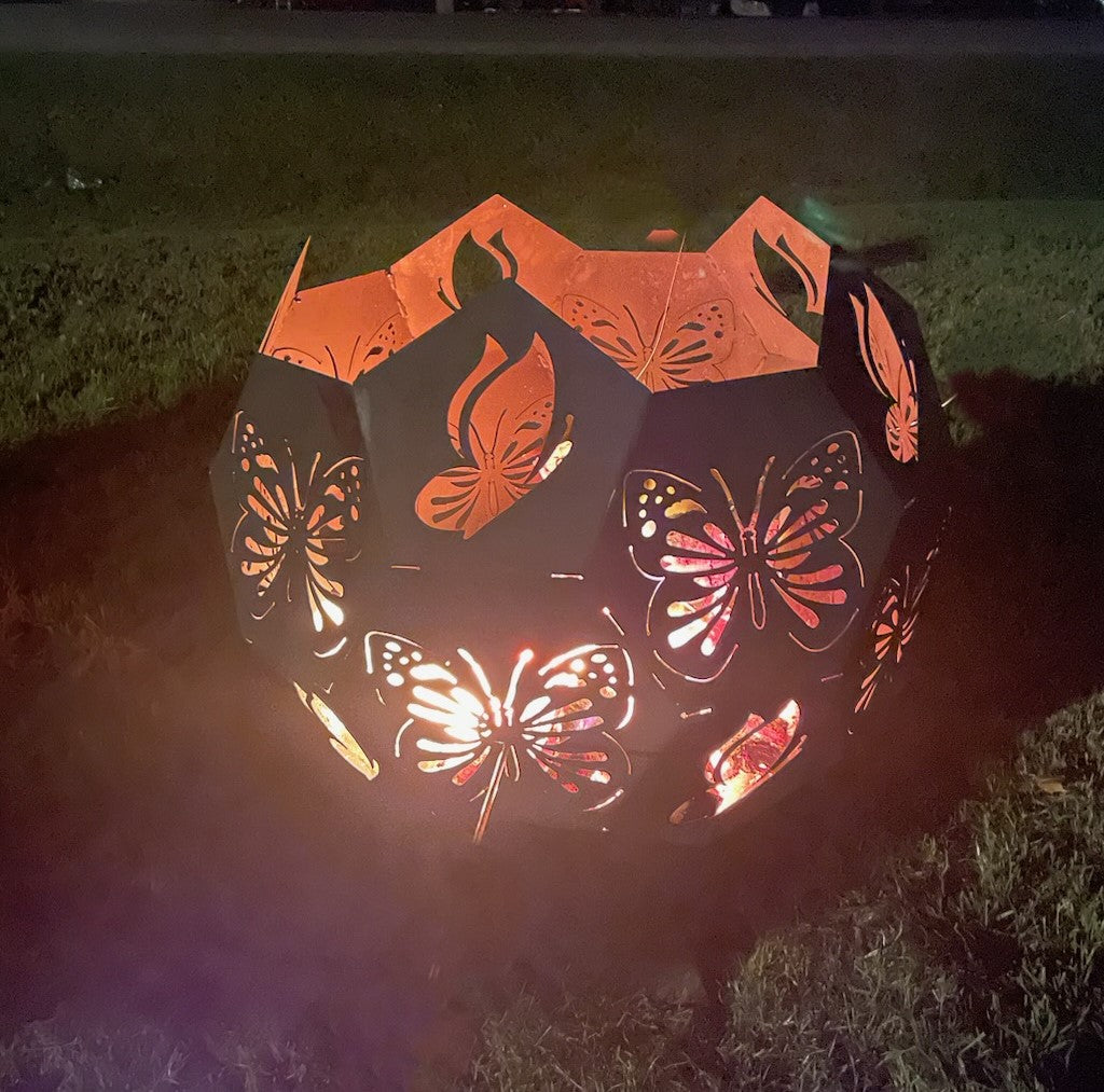 18" Point Top Metal Firepit Sphere with Multiple Themes