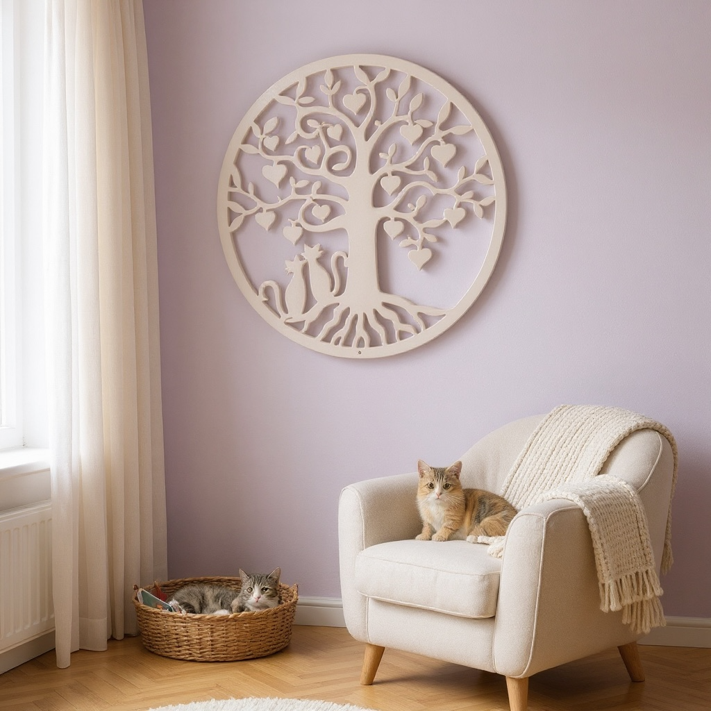Adorable Cats Under Tree with Heart-Shaped Leaves Wall Art