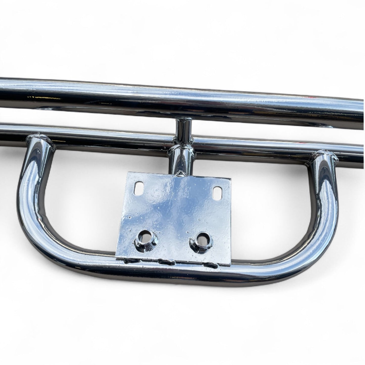 Chrome bumper with mounting bracket on a white background