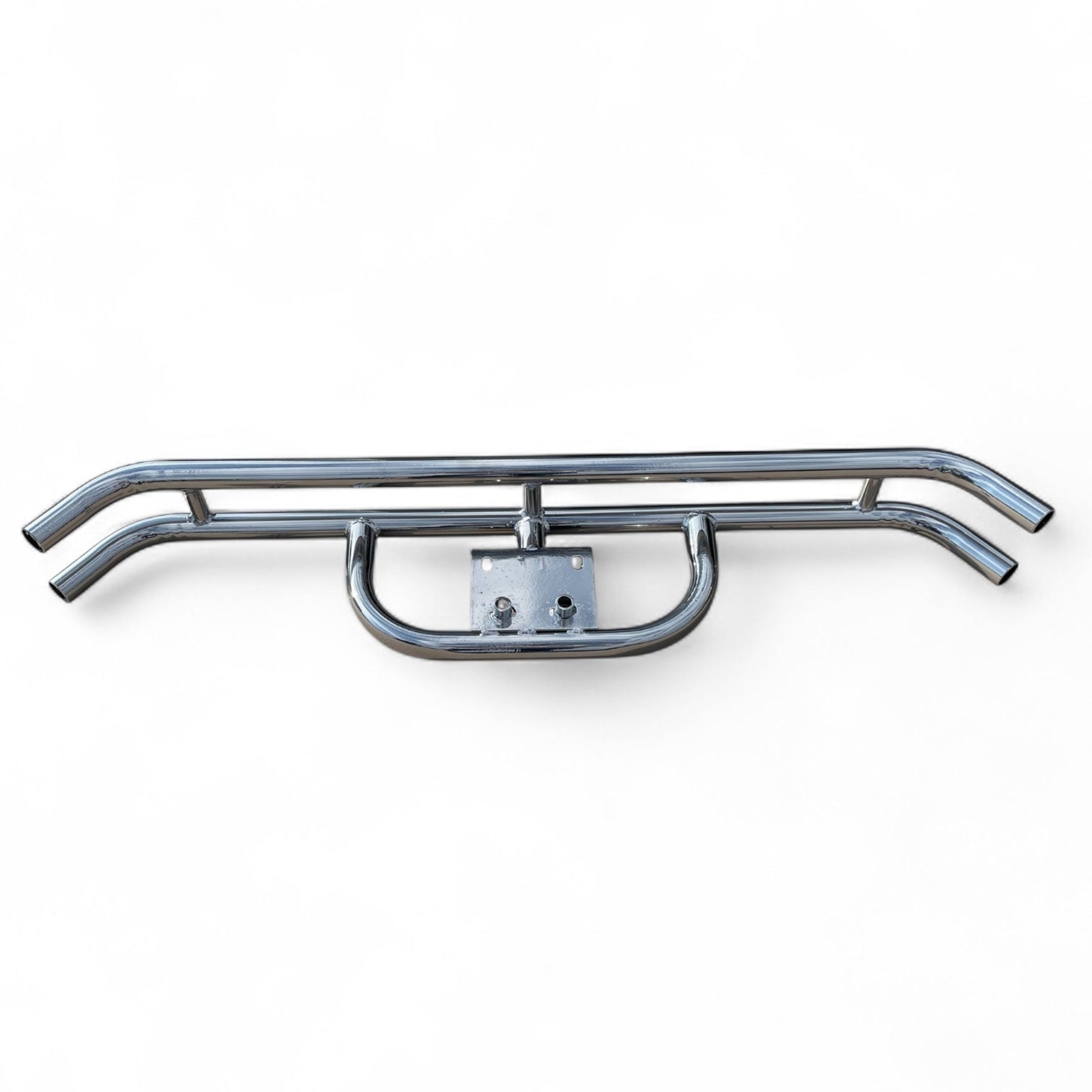 Powder coated chrome EZGO golf car rear bumper on a white background