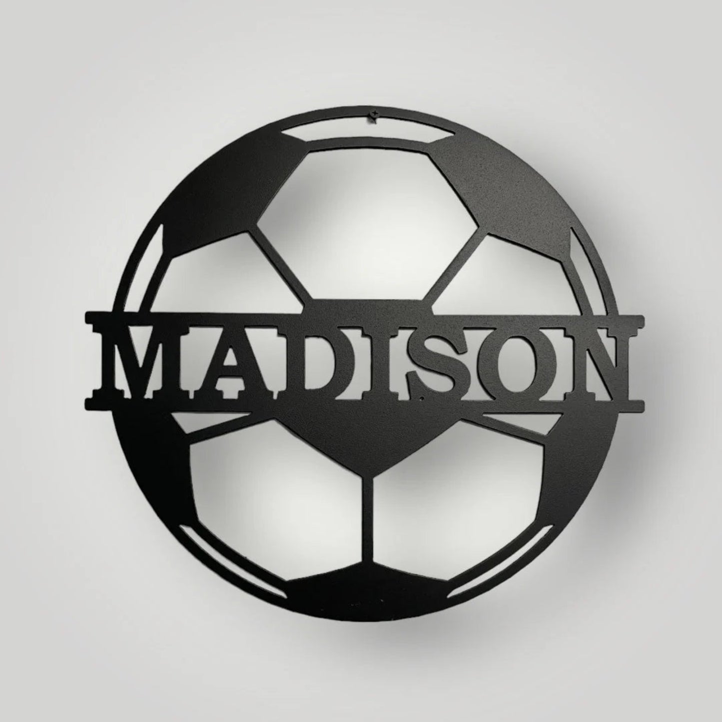 Soccer ball with name metal wall art in black