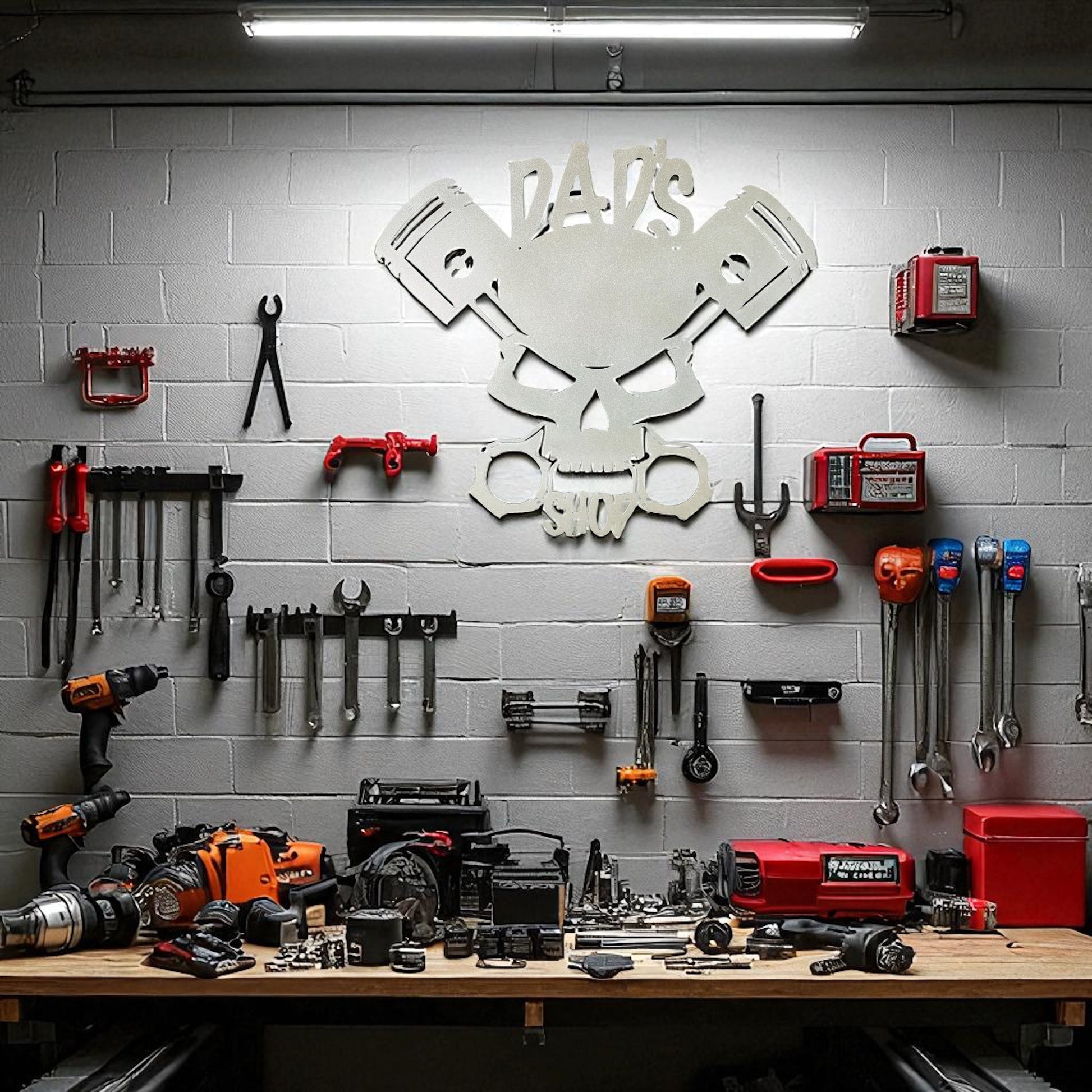 Workshop wall with tools and a skull design, featuring a prominent 'Dad's' sign.