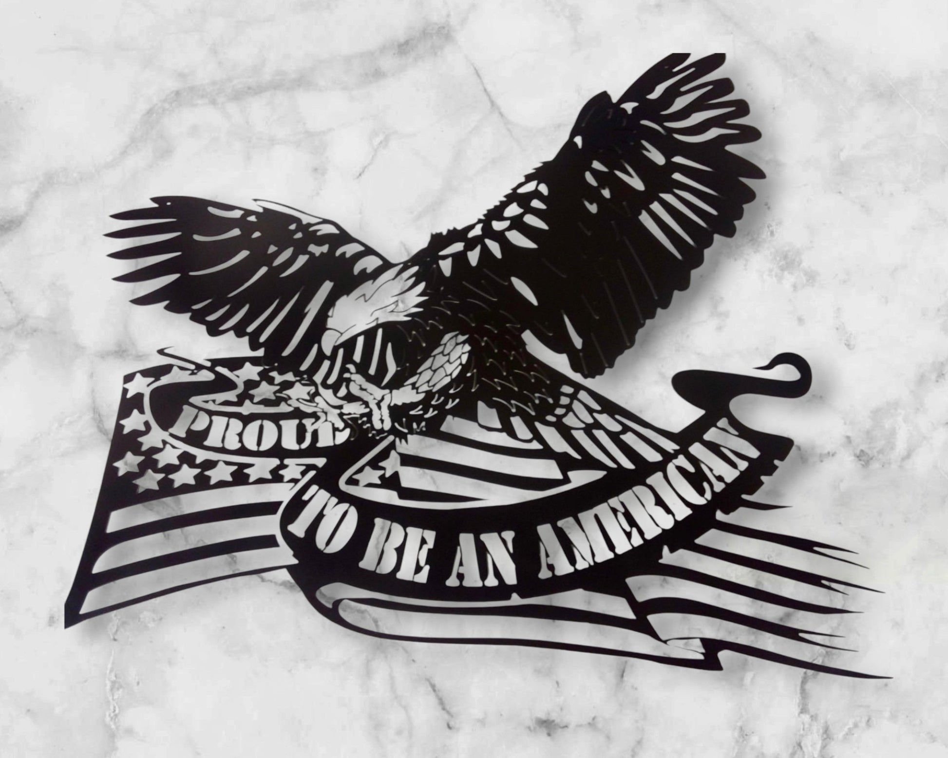 Eagle in flight with American flag and "Proud to be an American"