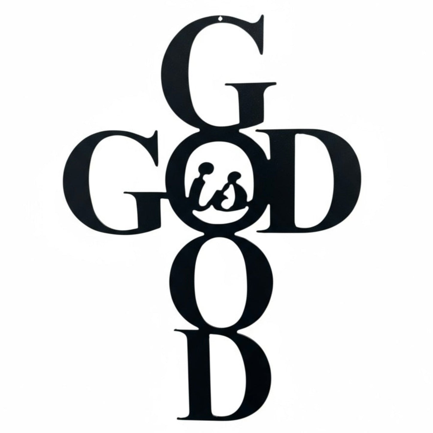 Black cross-shaped metal wall sign which spells 'GOD is Good' text on a white background