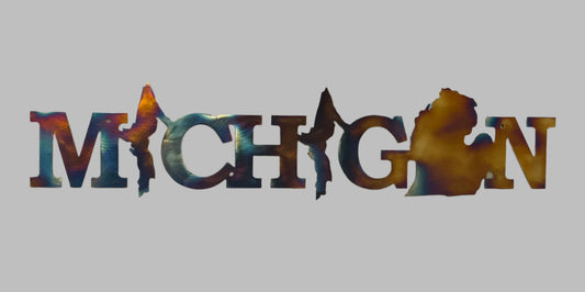 Metal Michigan art.  The two "I's" are the Upper Peninsula and the "a" is the mitten.