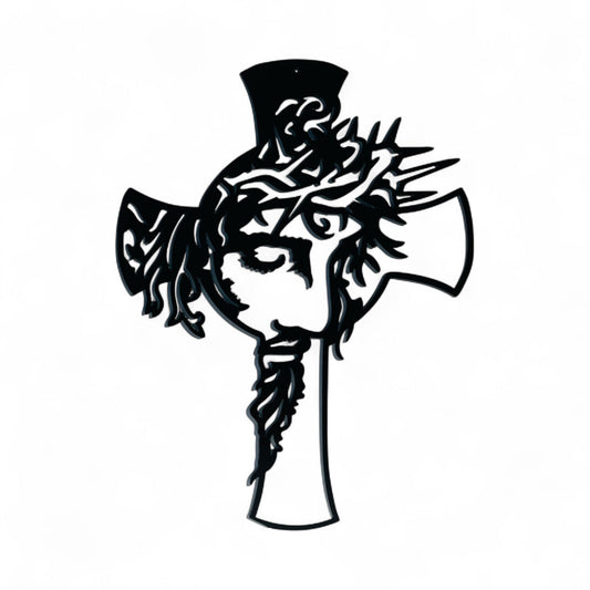 Black Metal art of a cross with a Jesus' face.