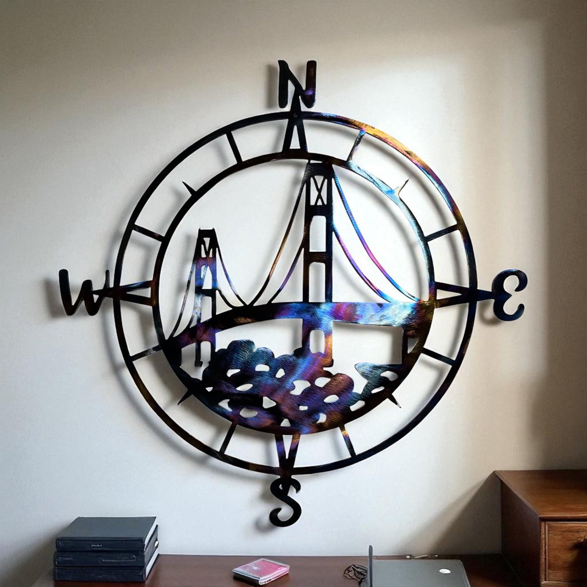 Decorative wall compass rose with the Mackinac Bridge in the center.