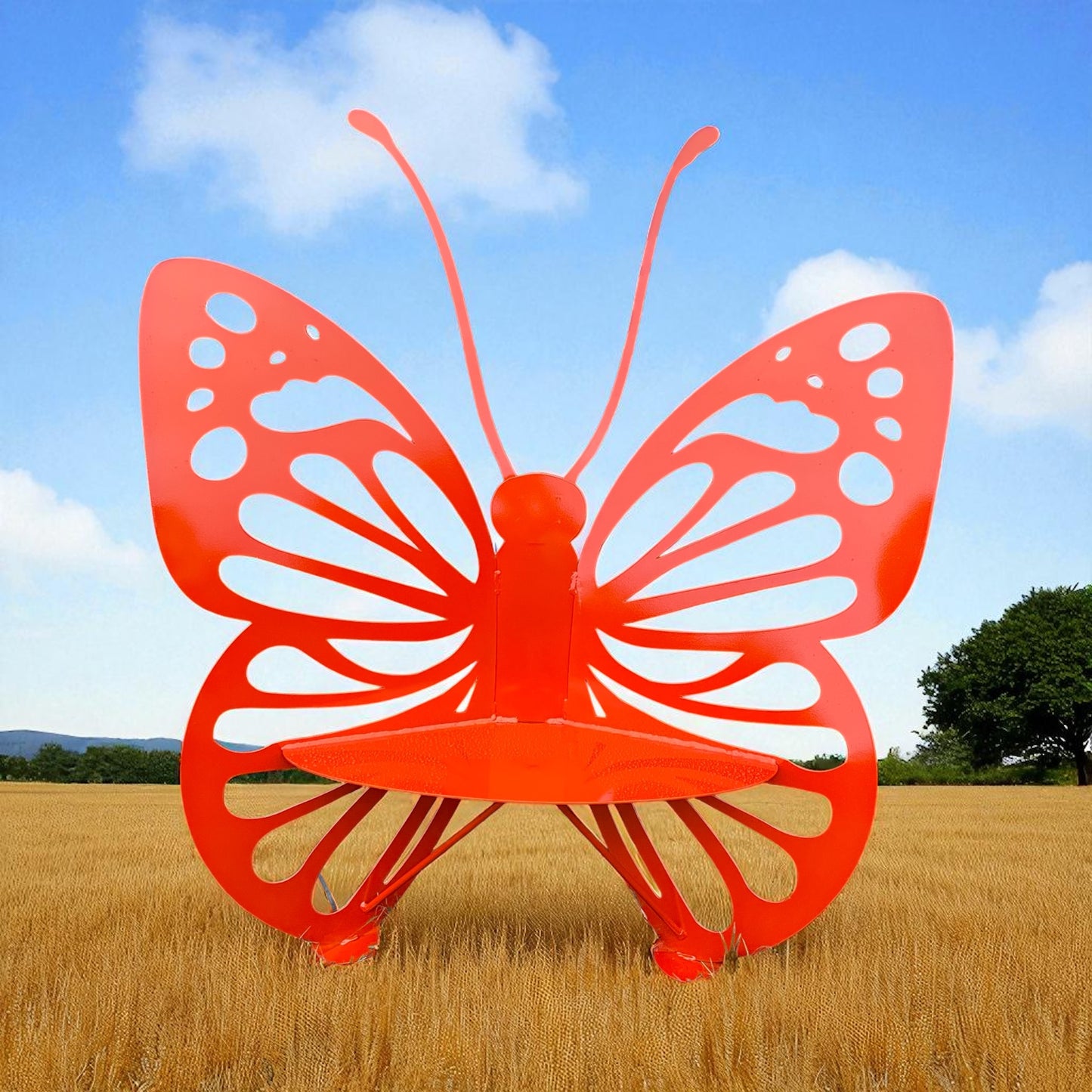 Orange butterfly-shaped bench in a field with a blue sky