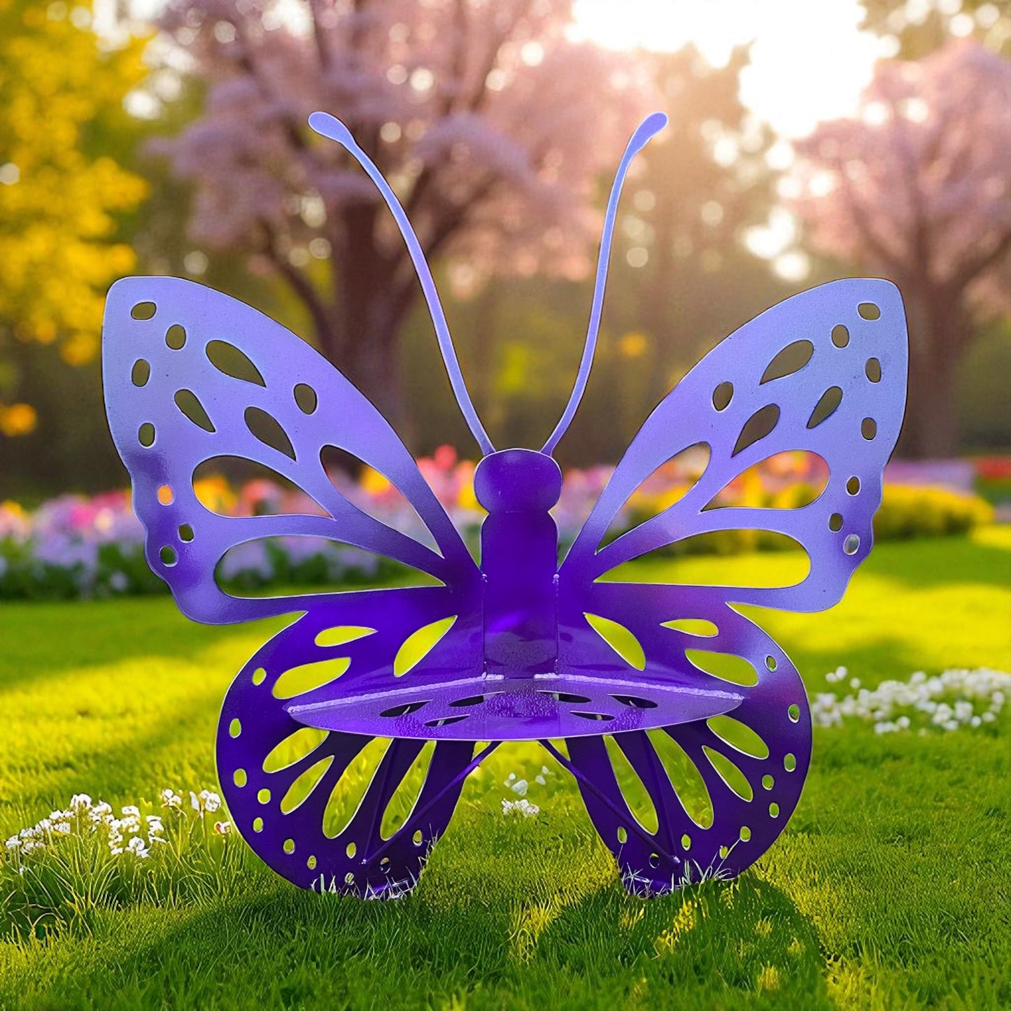 Purple butterfly-shaped garden light on grass with blurred flowers and trees in the background