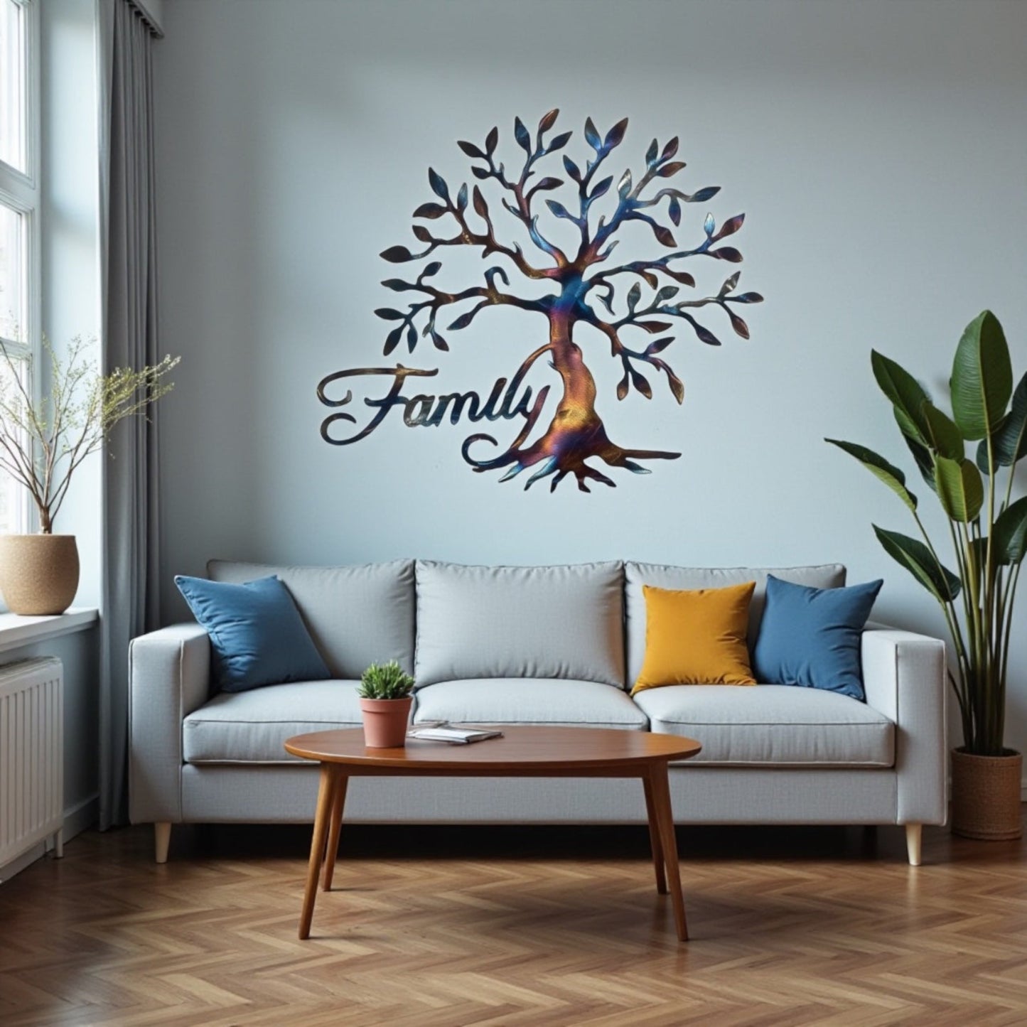 Living room with a 'Family' tree wall art above a gray sofa.