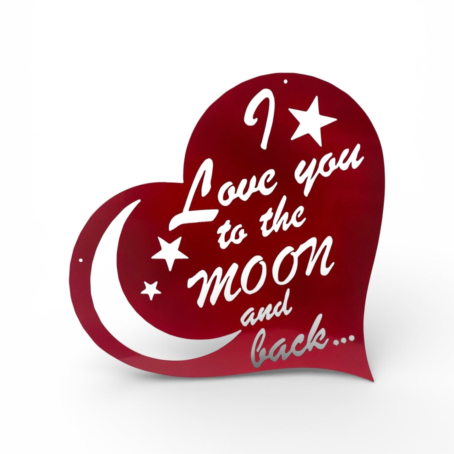 Red heart-shaped metal sign with 'I love you to the moon and back' text on a white background