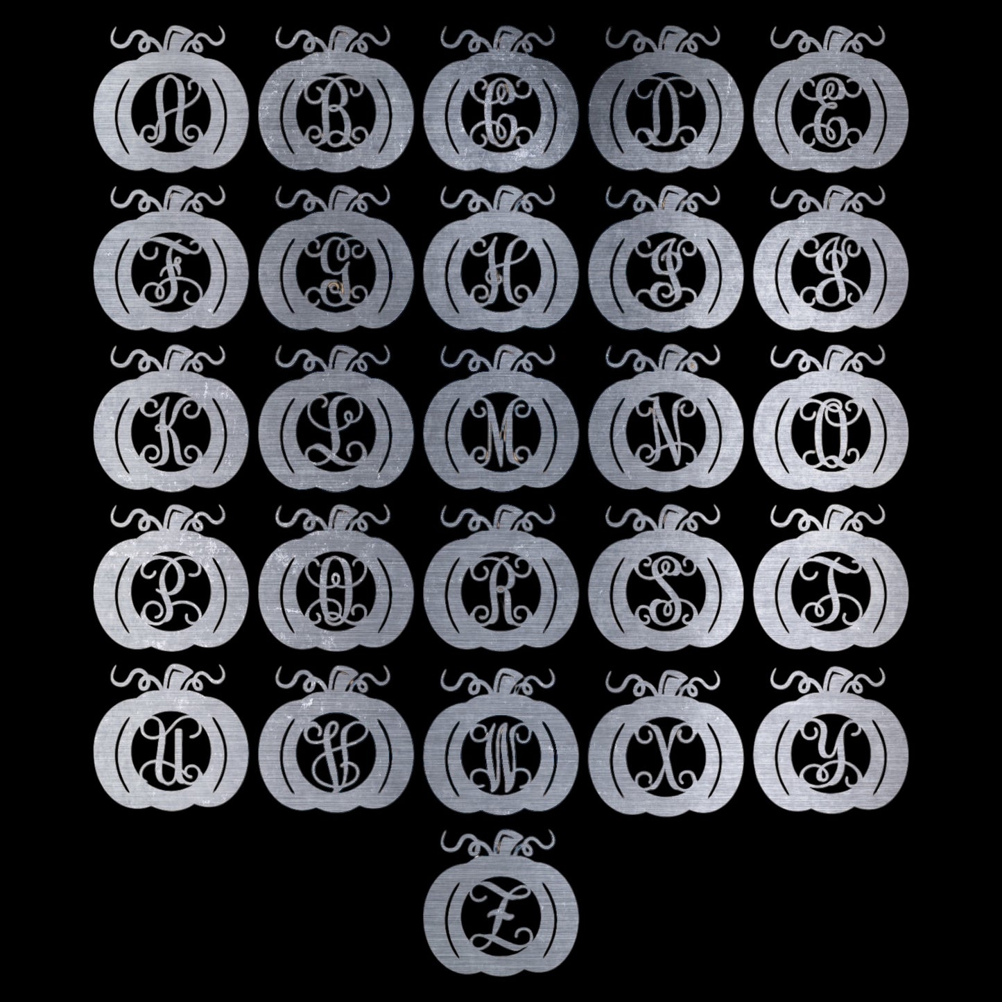 Selection of silver monogrammed pumpkins on a black background