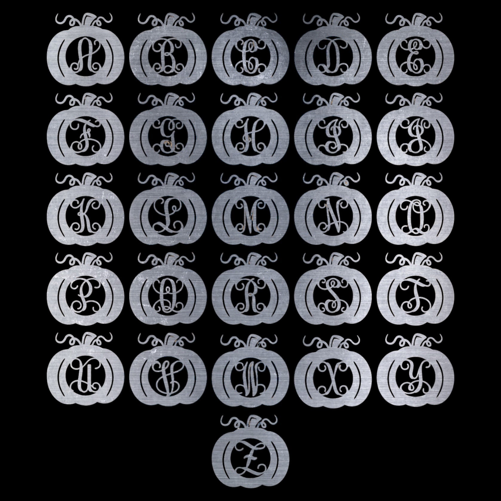 Selection of silver monogrammed pumpkins on a black background
