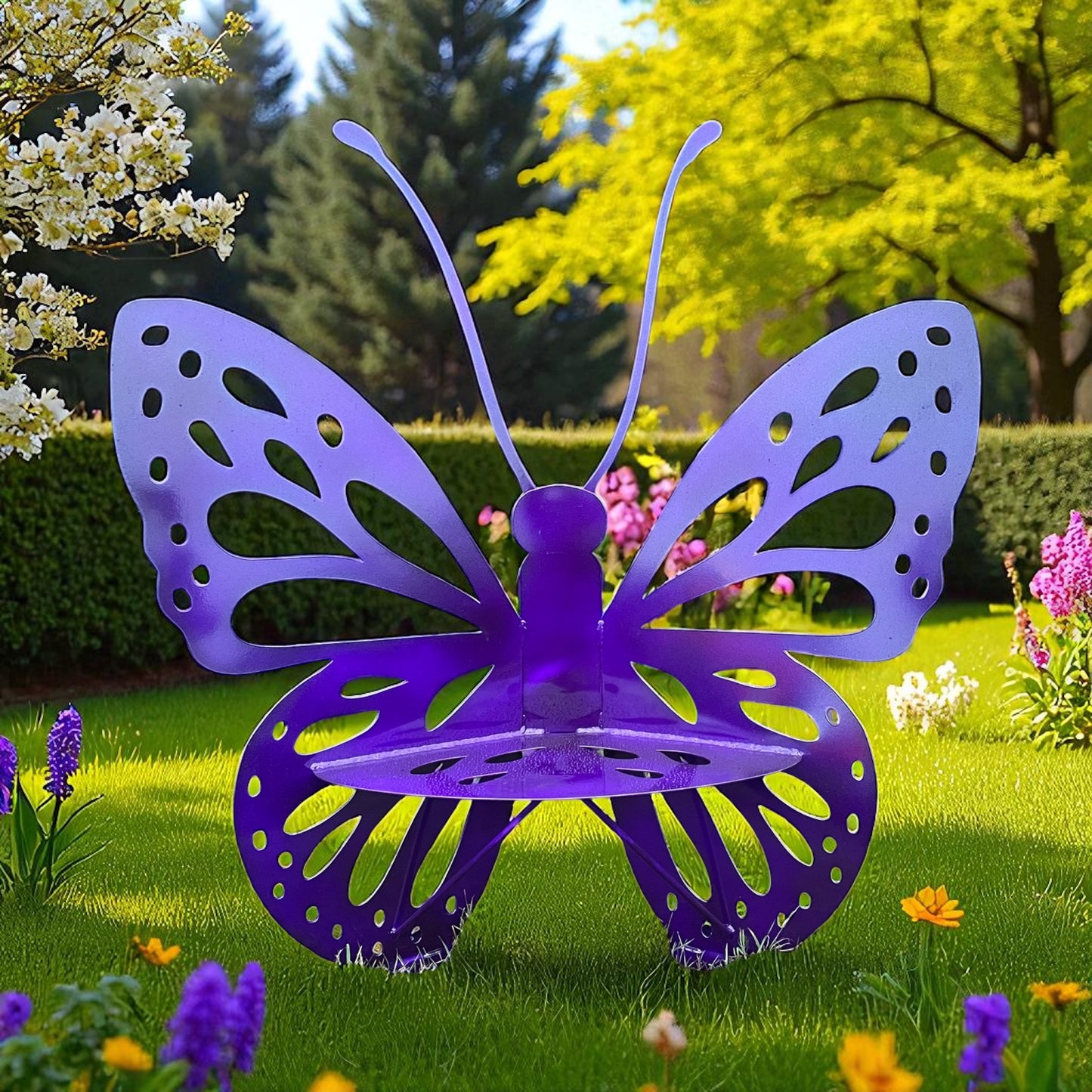 Purple butterfly-shaped garden ornament on a grassy area with flowers and trees in the background