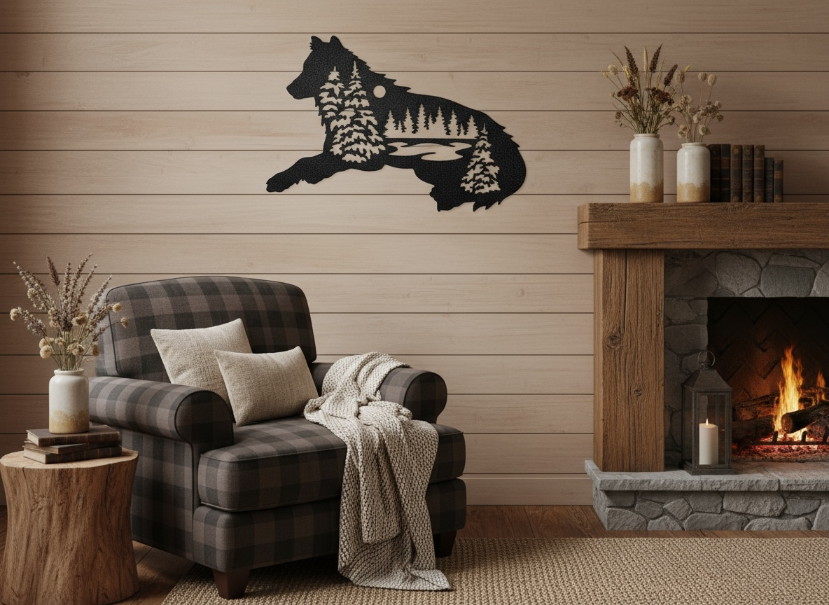 Living room with a fireplace, armchair, and decorative wall art of a wolf.