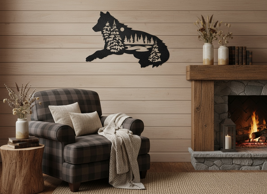 Living room with a fireplace, armchair, and decorative wall art of a wolf.