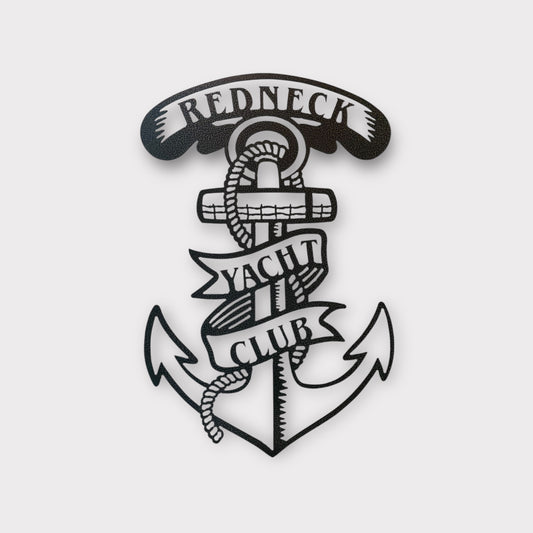 Black and white logo of an anchor with 'Redneck Yacht Club' text on a light gray background