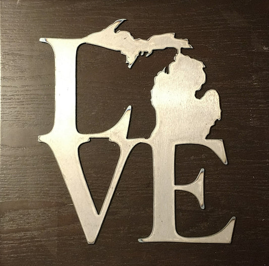 Metal wall art with the word Love with a state silhouette