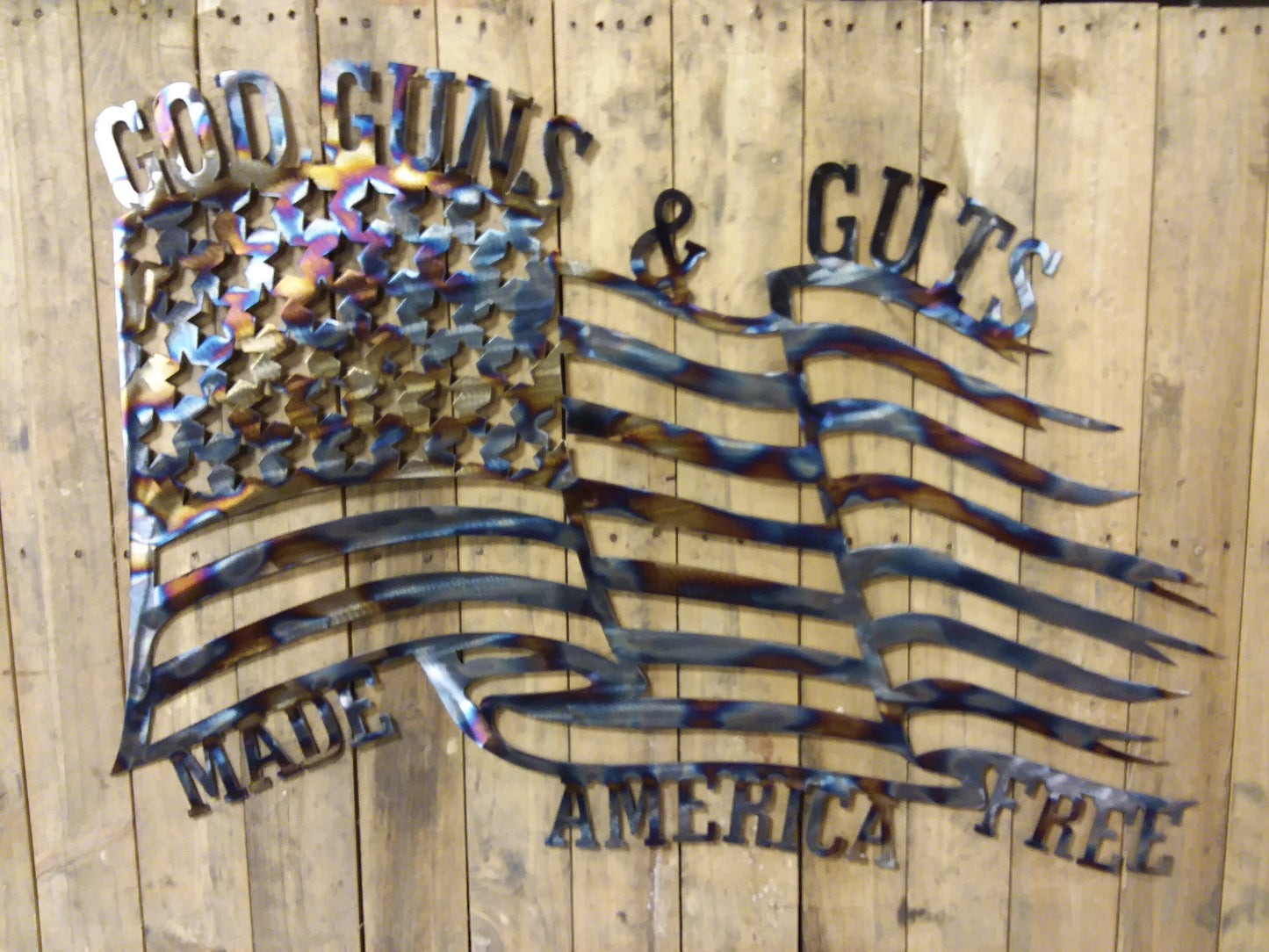 God, Guns, & Guts - Made America Free American Flag Metal Art Wall Décor/Sign