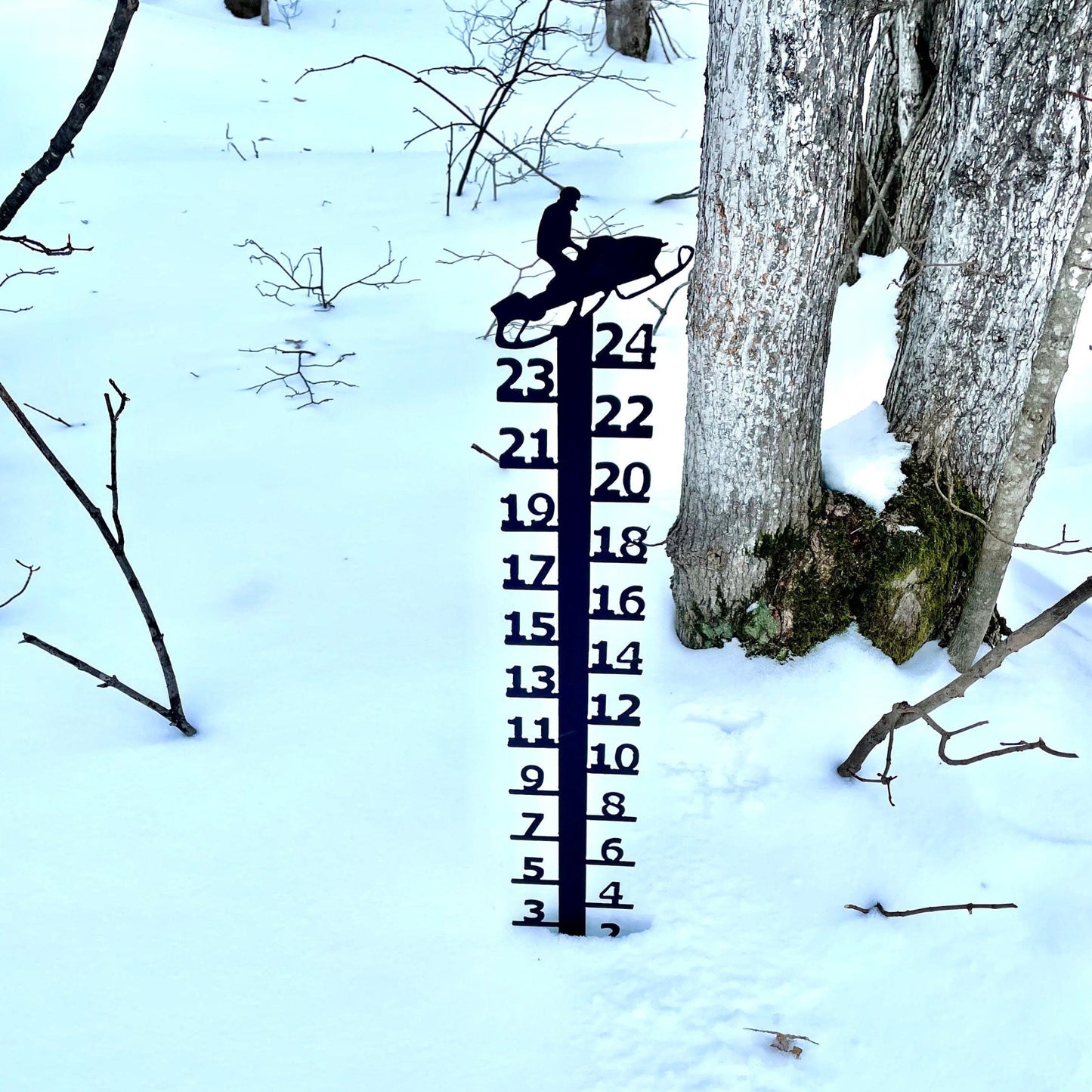 Snowmobile themed snow gauge and measuring stick