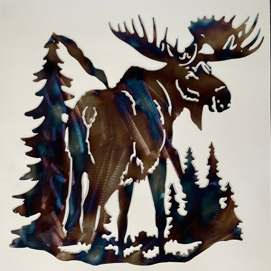 Majestic moose standing in the woods multicolored metal wall art