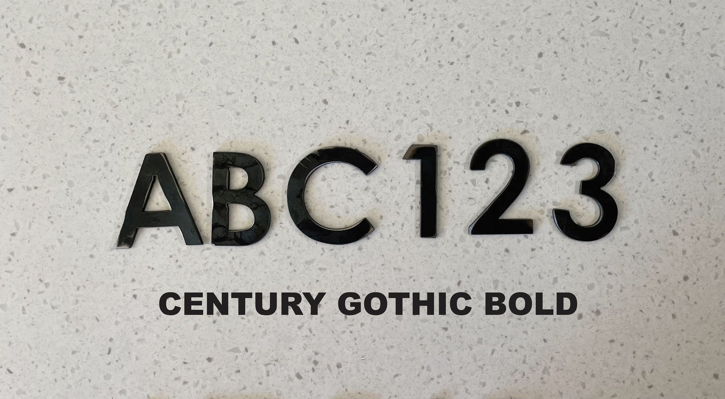 1/16" Century Gothic Bold Metal Letters & Numbers - Powder Coated or Unpainted