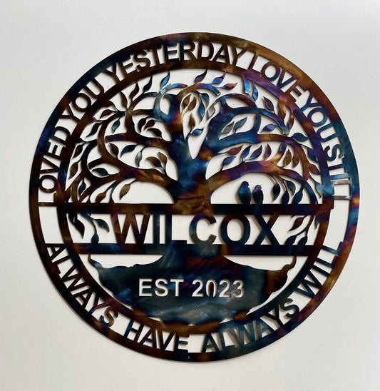 Romantic love message metal wall art with tree of life and two love birds that reads "LOVE YOU YESTERDAY, LOVE YOU STILL.  ALWAYS HAVE, ALWAYS WILL