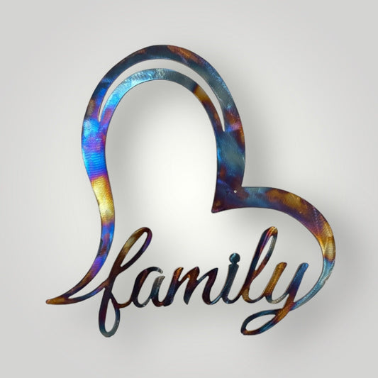 Heart with family written in to one side of metal art