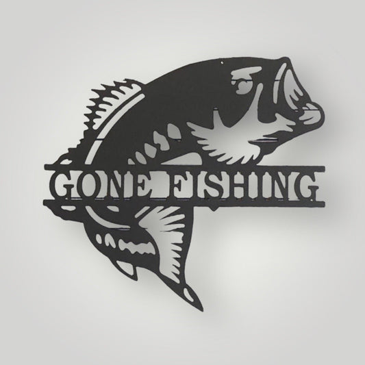 Bass "Gone Fishing" black metal wall art