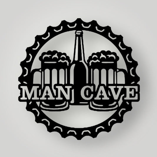 Man Cave with Beer Mugs within a Bottle Cap Frame