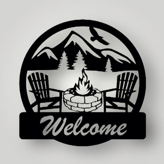 Welcome or personalized chairs and fire pit, mountain wall art