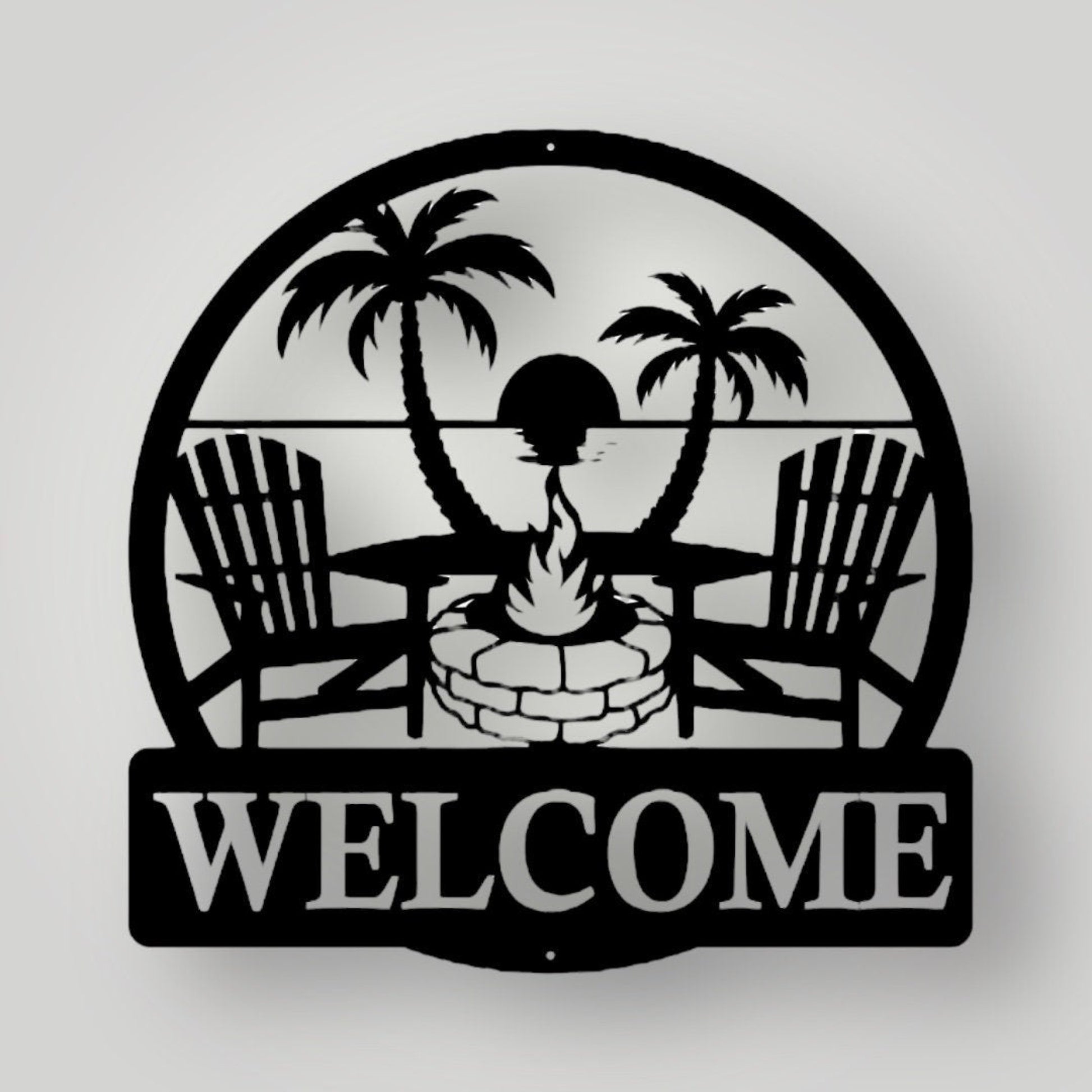 Palm tree, camp fire, Adirondack chairs metal wall art lake scene