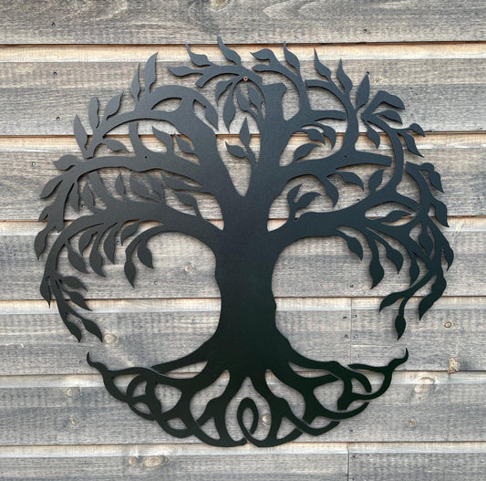 Rounded tree with branches, leaves and roots painted black made of metal